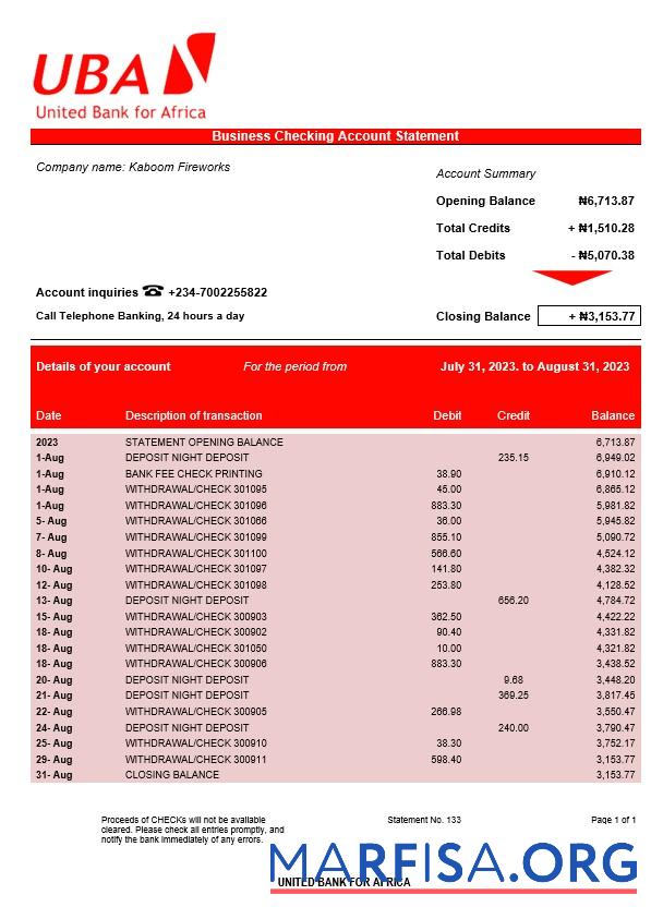 Realistic United Bank for Africa organization account statement Word and PDF template